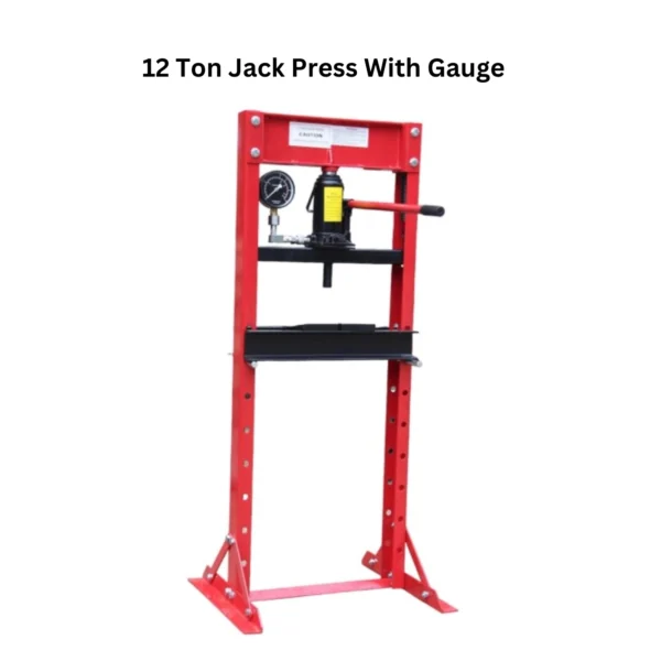 A 12-ton jack press featuring a pressure gauge, designed for heavy-duty lifting and pressing tasks in workshops.