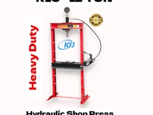 A KIJ-12 ton hydraulic shop press, showcasing its robust frame and hydraulic mechanism for metalworking tasks.