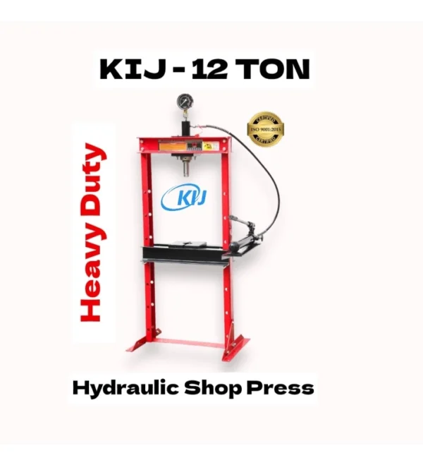 A KIJ-12 ton hydraulic shop press, showcasing its robust frame and hydraulic mechanism for metalworking tasks.