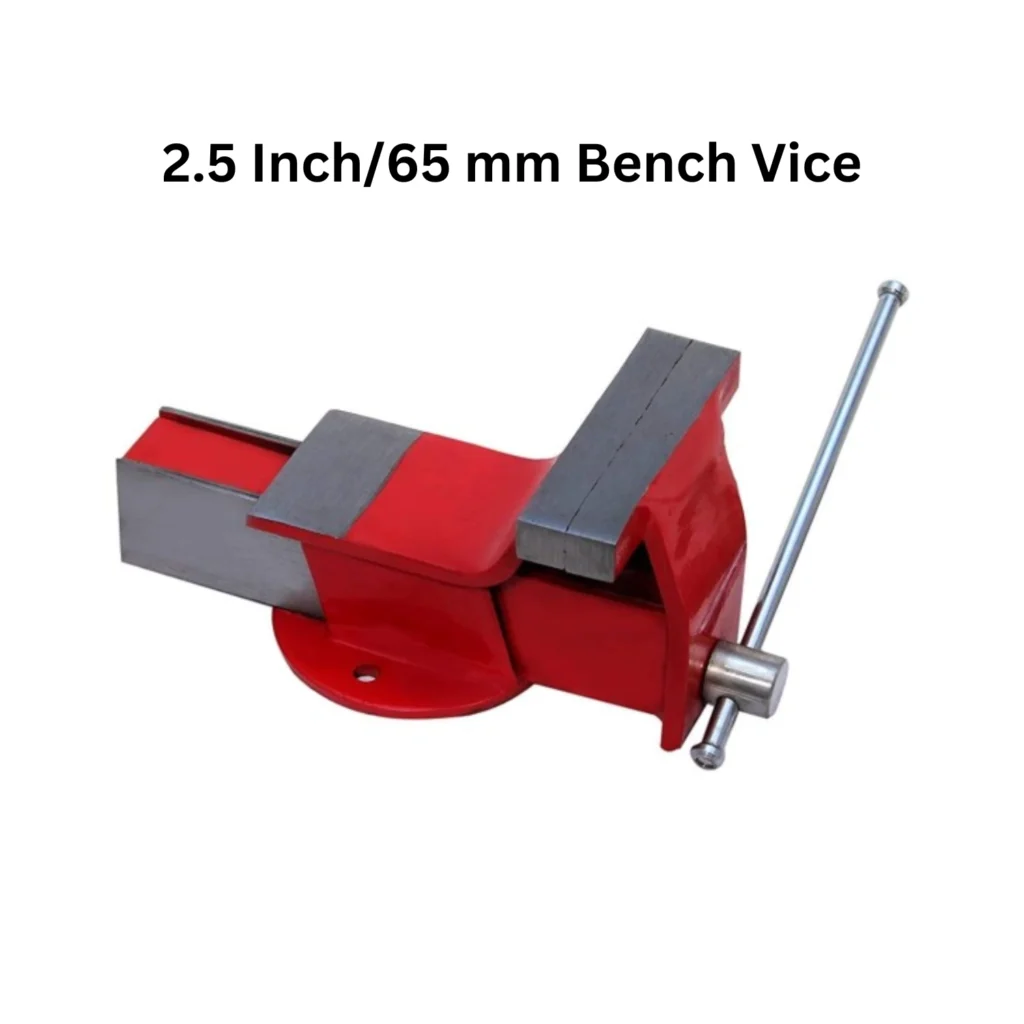 A bench vice with the markings "2.5 inch / 65mm" visible on its frame.