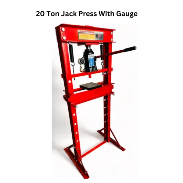 A 20-ton hydraulic jack press with an integrated gauge, ideal for performing heavy lifting and pressing operations