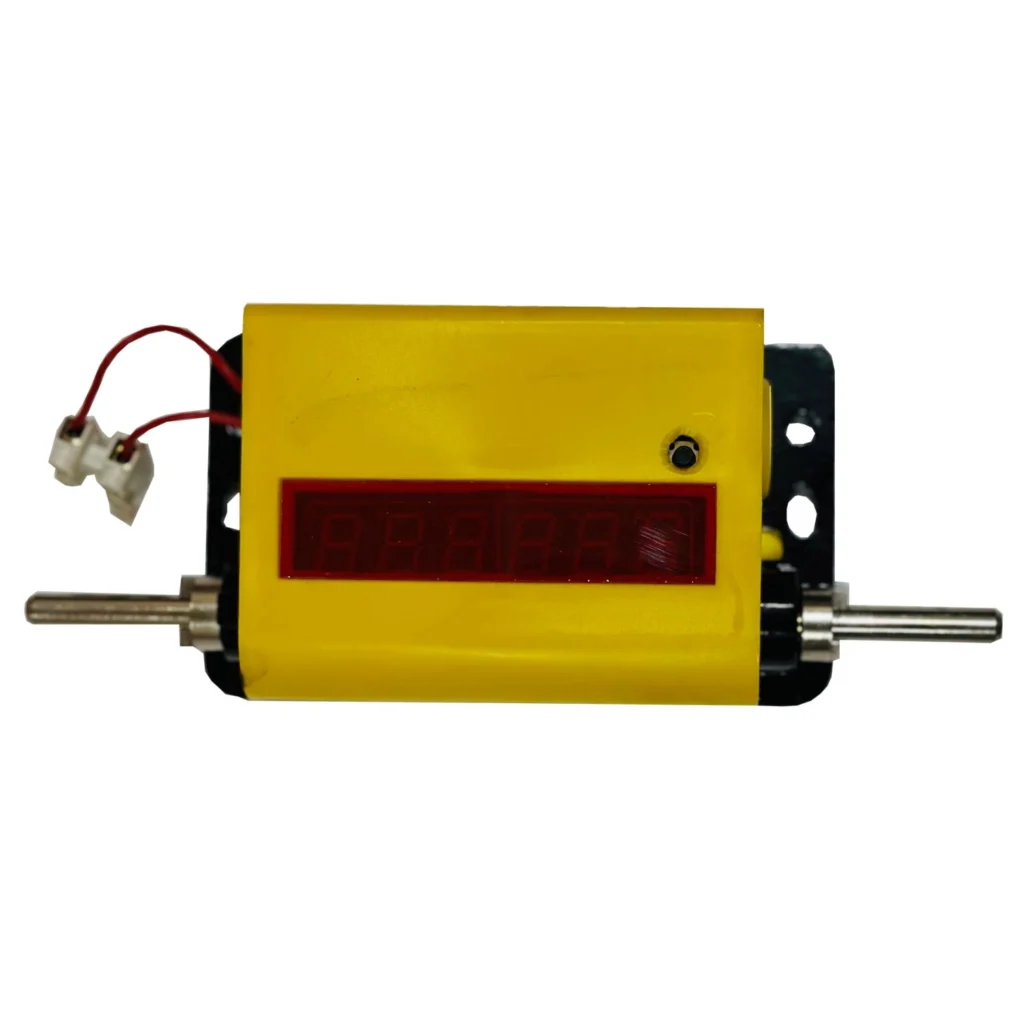 A yellow electronic counter meter displaying bright red numbers, indicating the counting clearly.