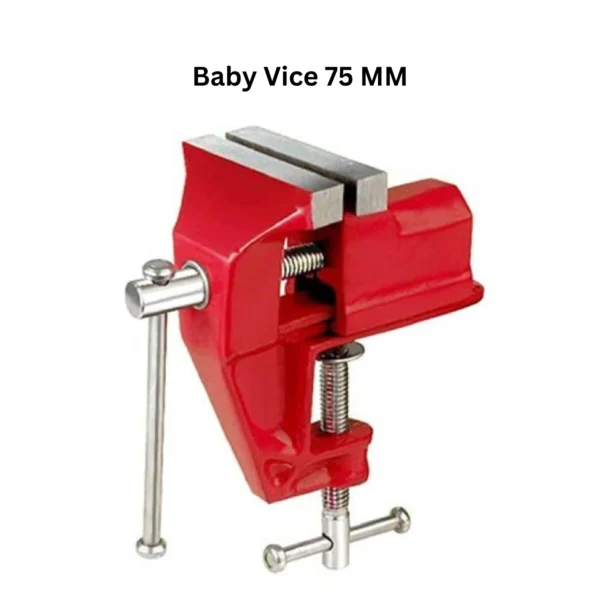 A 75mm baby vice, emphasizing its durable build and compact dimensions, suitable for small-scale projects.