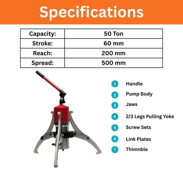 50 Ton Hydraulic Gear Puller Specifications Page
